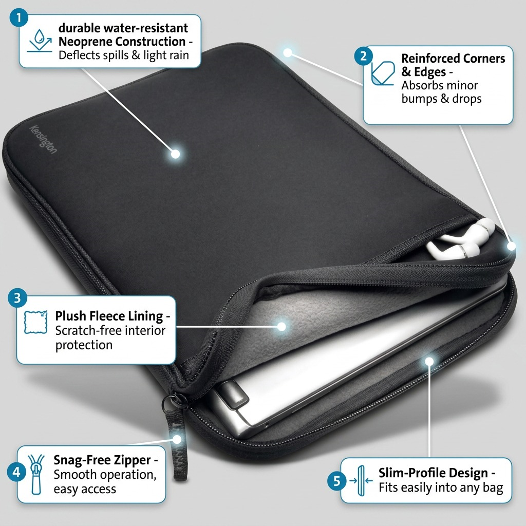 Kensington 14-inch Universal Sleeve diagram showing neoprene exterior, fleece lining, and reinforced corners.
