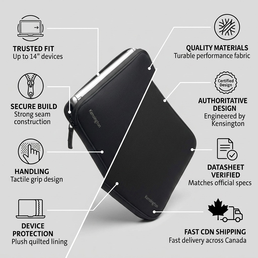 Kensington 14-inch Universal Sleeve infographic highlighting fit, build quality, and fast Canadian shipping.