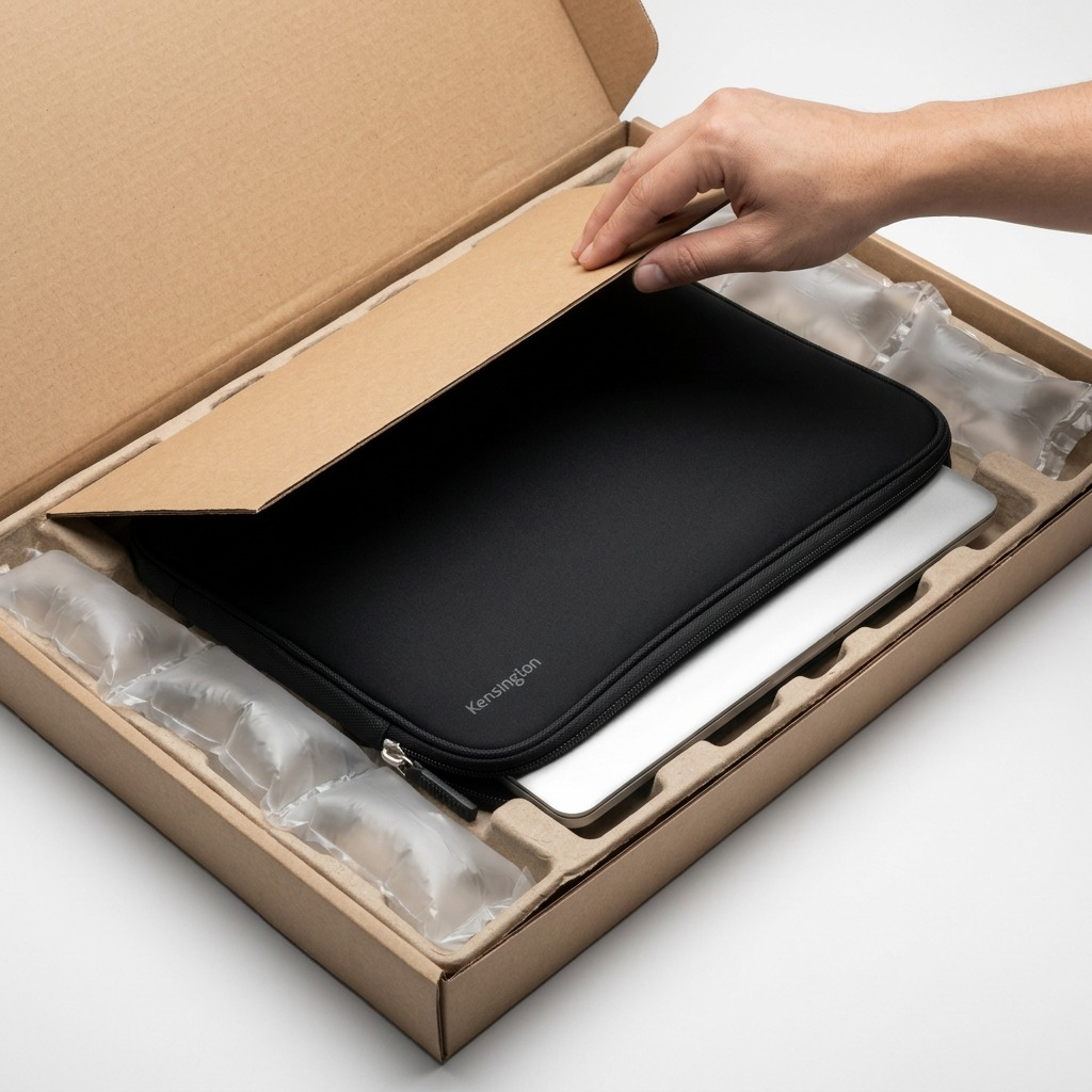 A black Kensington 14-inch Universal Sleeve being unboxed from a cardboard shipping container with protective air cushions.