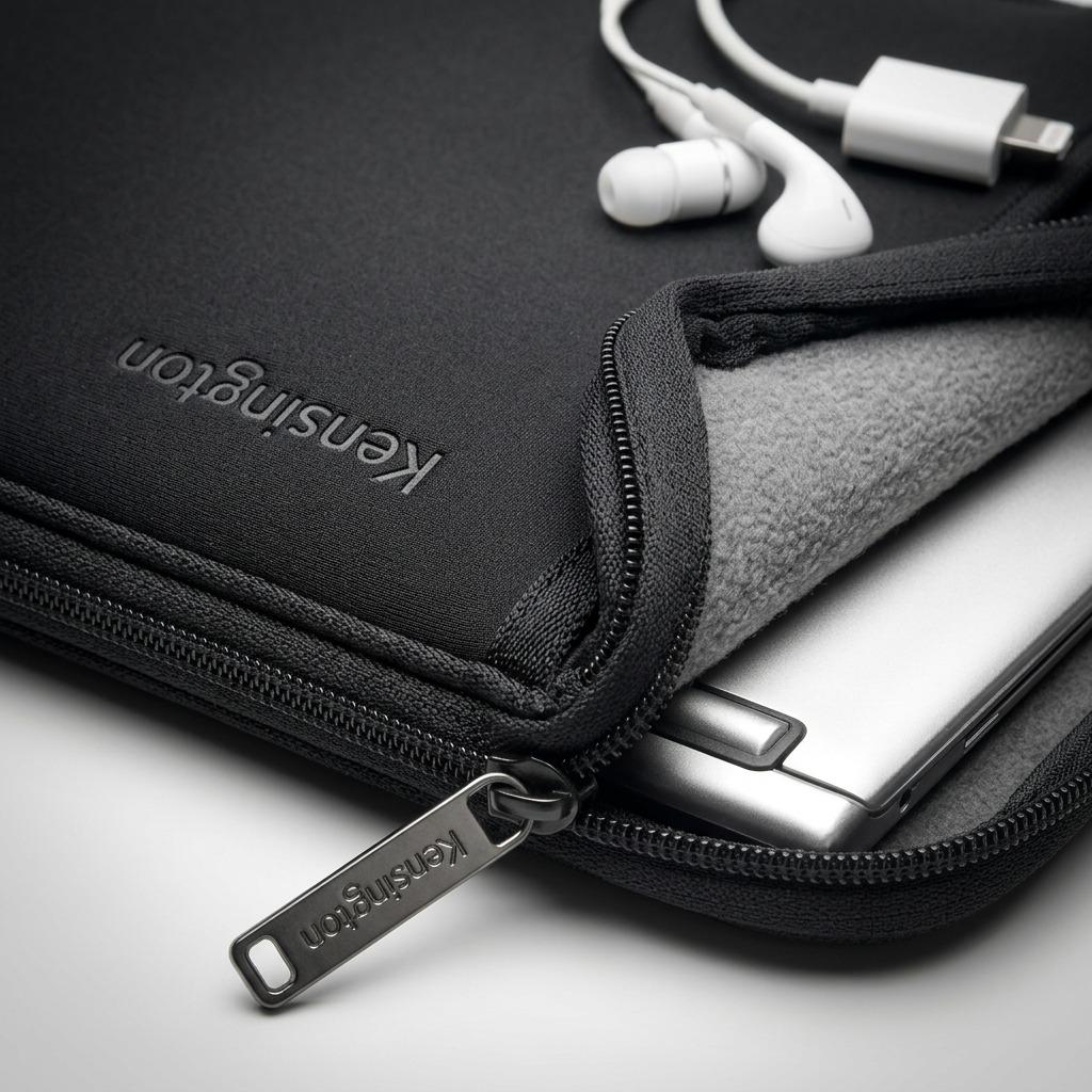 Macro detail of the Kensington 14 inch Universal Sleeve showing fleece lining and reinforced zipper.