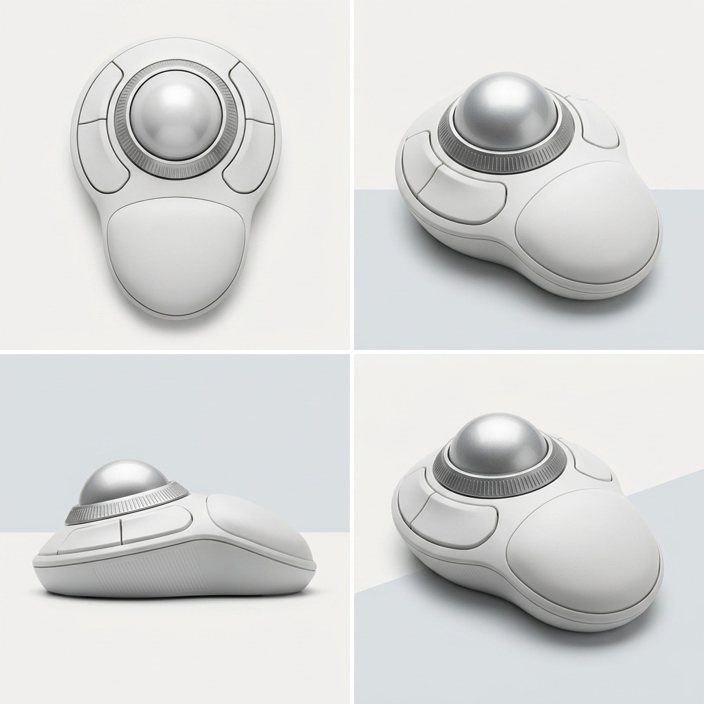 A four-angle grid view of the white Kensington Orbit Wireless Trackball showing the scroll ring.