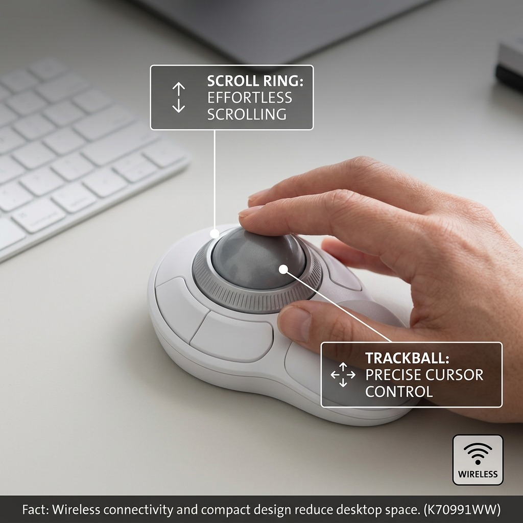 A hand using the white Kensington Orbit Wireless Trackball highlighting its scroll ring and trackball features.