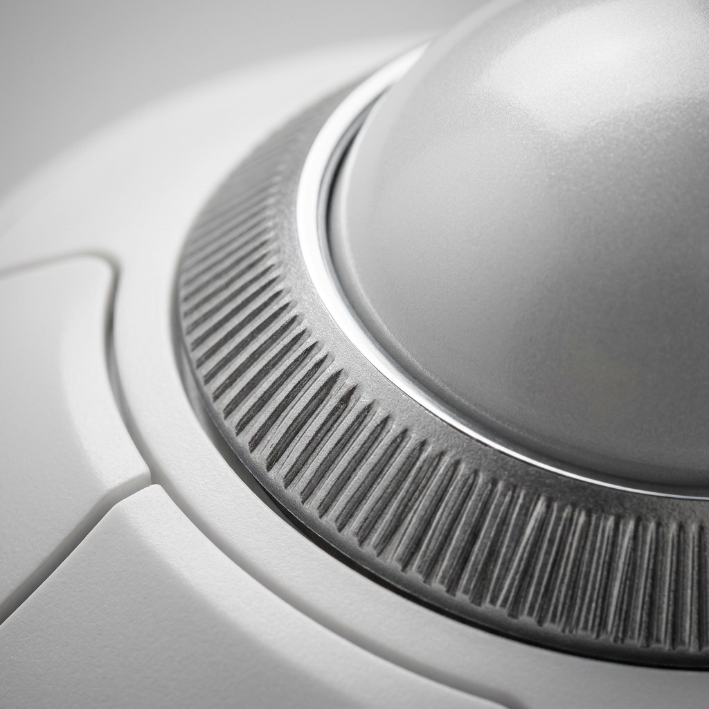 Macro detail of the Kensington Orbit Wireless Trackball showing the grey ball and textured scroll ring.