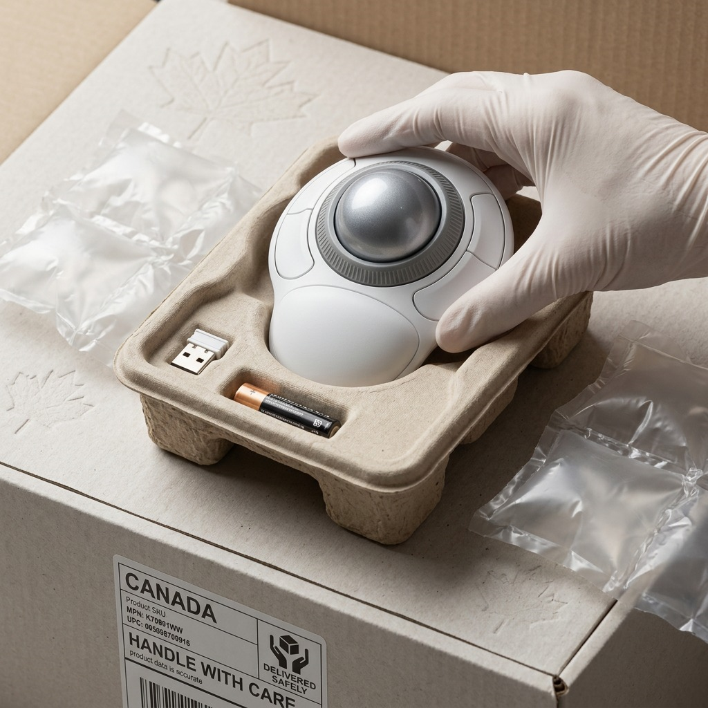 Unboxing the white Kensington Orbit Wireless Trackball from a secure shipping box with air pillows.