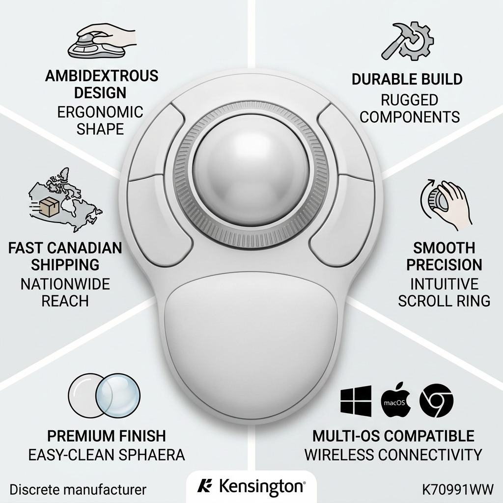 Kensington Orbit Wireless Trackball infographic showing ambidextrous design and scroll ring.