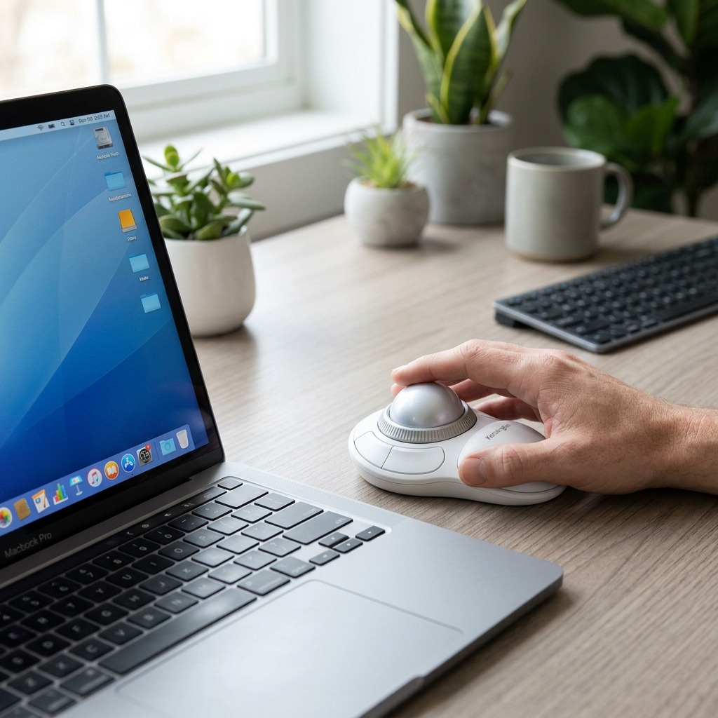 A hand using a white Kensington Orbit Wireless Trackball with its silver scroll ring on a desk.
