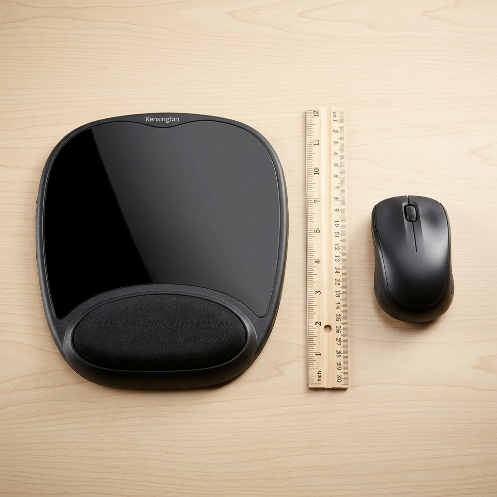 Kensington Comfort Gel Mouse Pad shown next to a 12-inch ruler and mouse for scale on a wood desk.