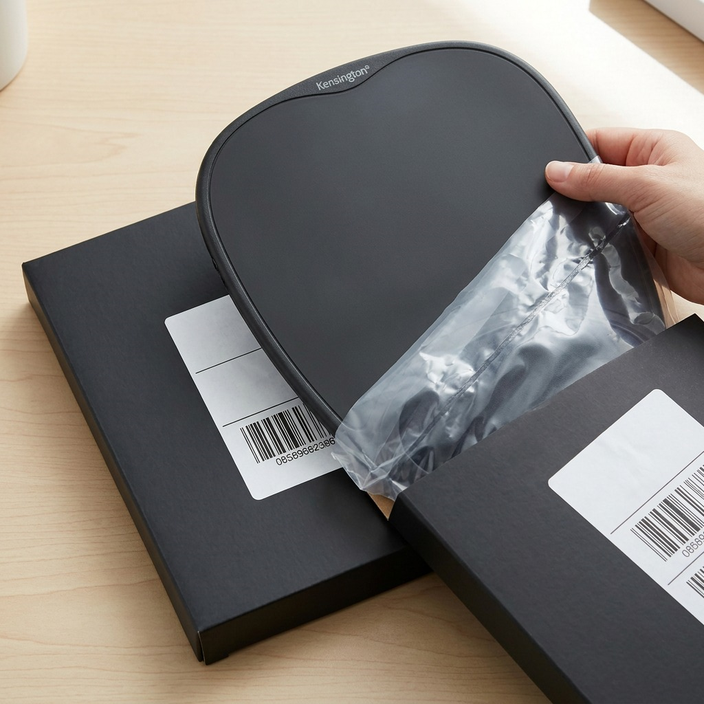 Person unboxing a black Kensington Comfort Gel Mouse Pad from protective shipping packaging.