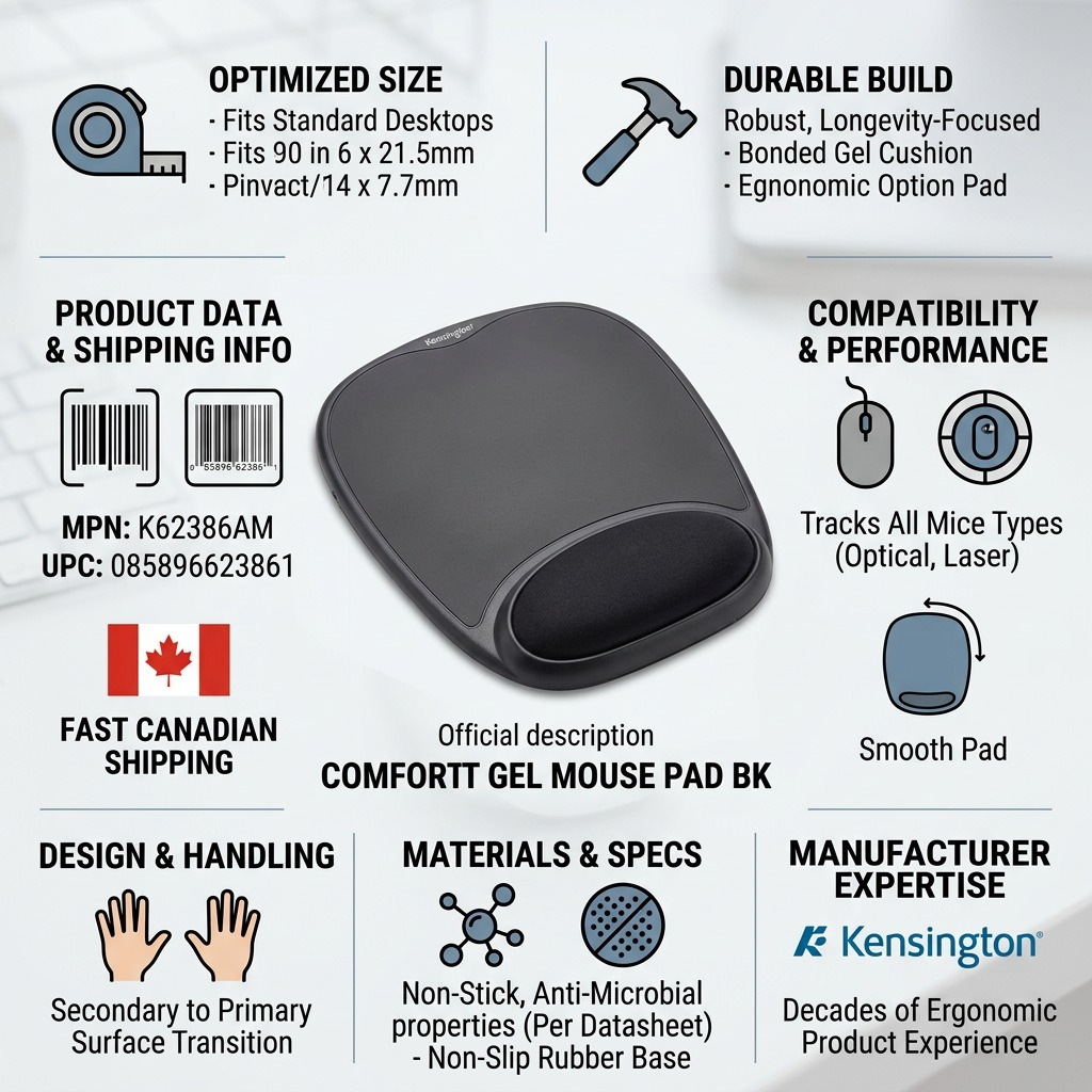 Kensington Comfort Gel Mouse Pad infographic showing ergonomic wrist support and product specs.