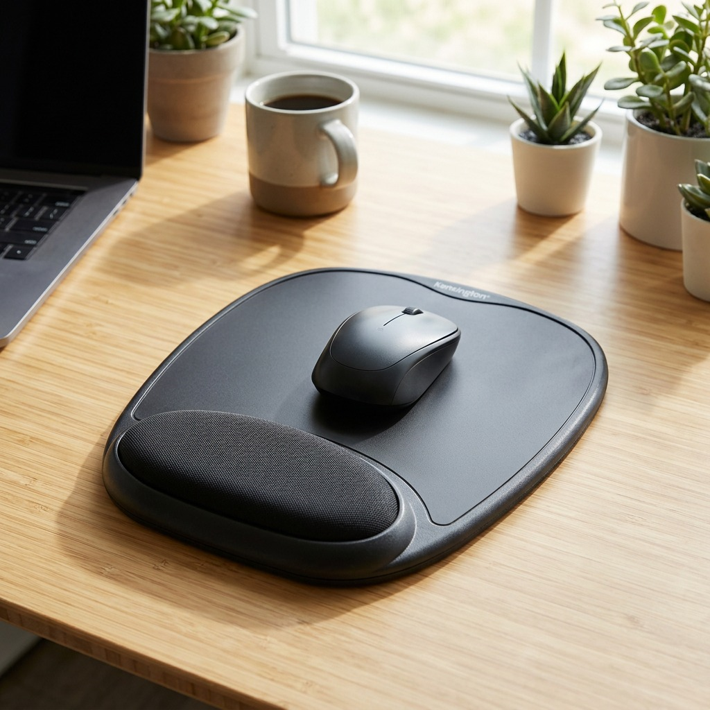 Kensington Comfort Gel Mouse Pad on a wooden desk with a black mouse, keyboard, and coffee mug.