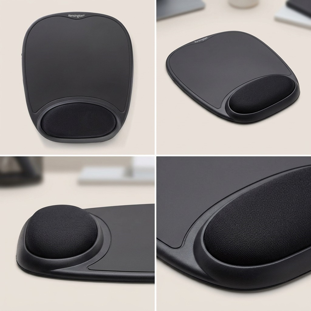 Four-panel view of the black Kensington Comfort Gel Mouse Pad showing ergonomic wrist support angles.