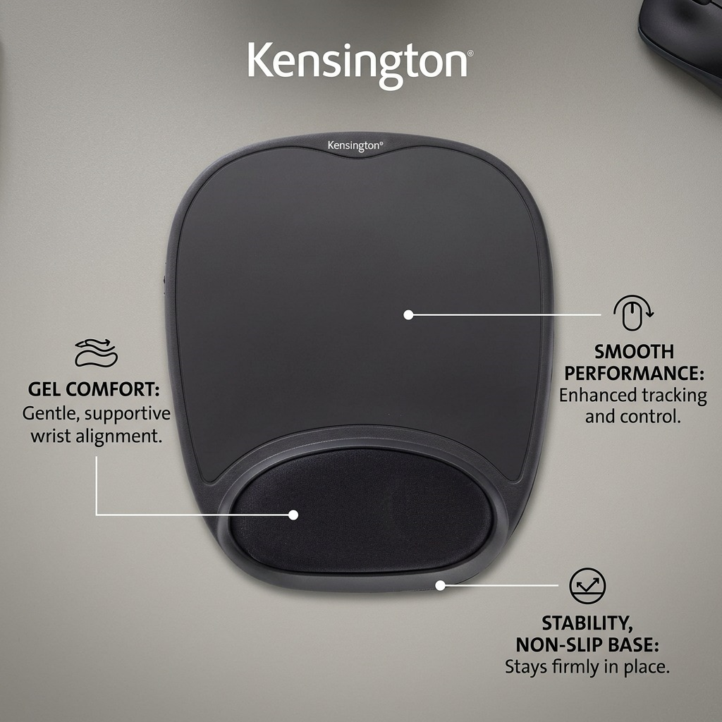 Kensington Comfort Gel Mouse Pad infographic highlighting gel wrist support and non-slip base.