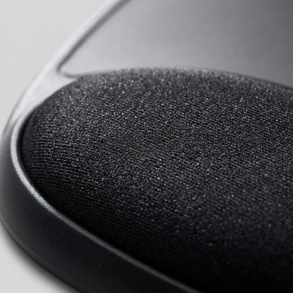 Macro detail of the Kensington ergonomic gel mouse pad showing the black fabric wrist rest texture.