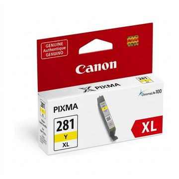 Cartouche d’encre jaune haute capacité Canon CLI-281XL sur fond blanc.