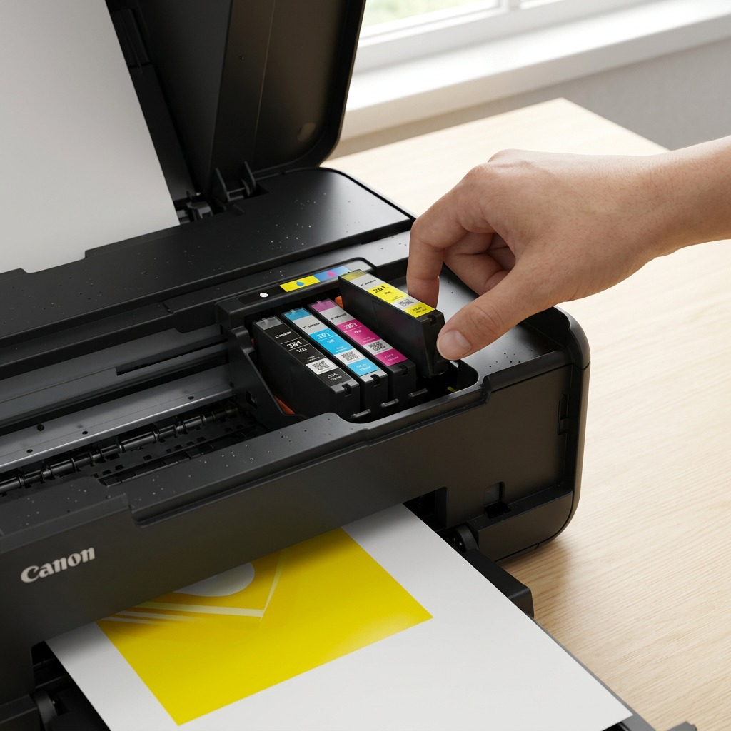Cartouche jaune Canon CLI-281XL près d’une imprimante PIXMA et d’une feuille de test.