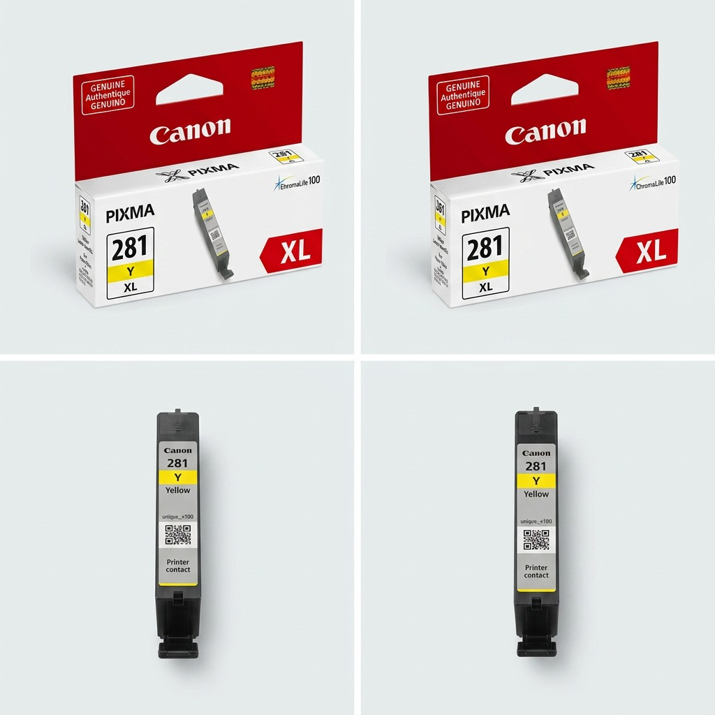 Cartouche jaune Canon CLI-281XL présentée sous quatre angles avec son emballage.