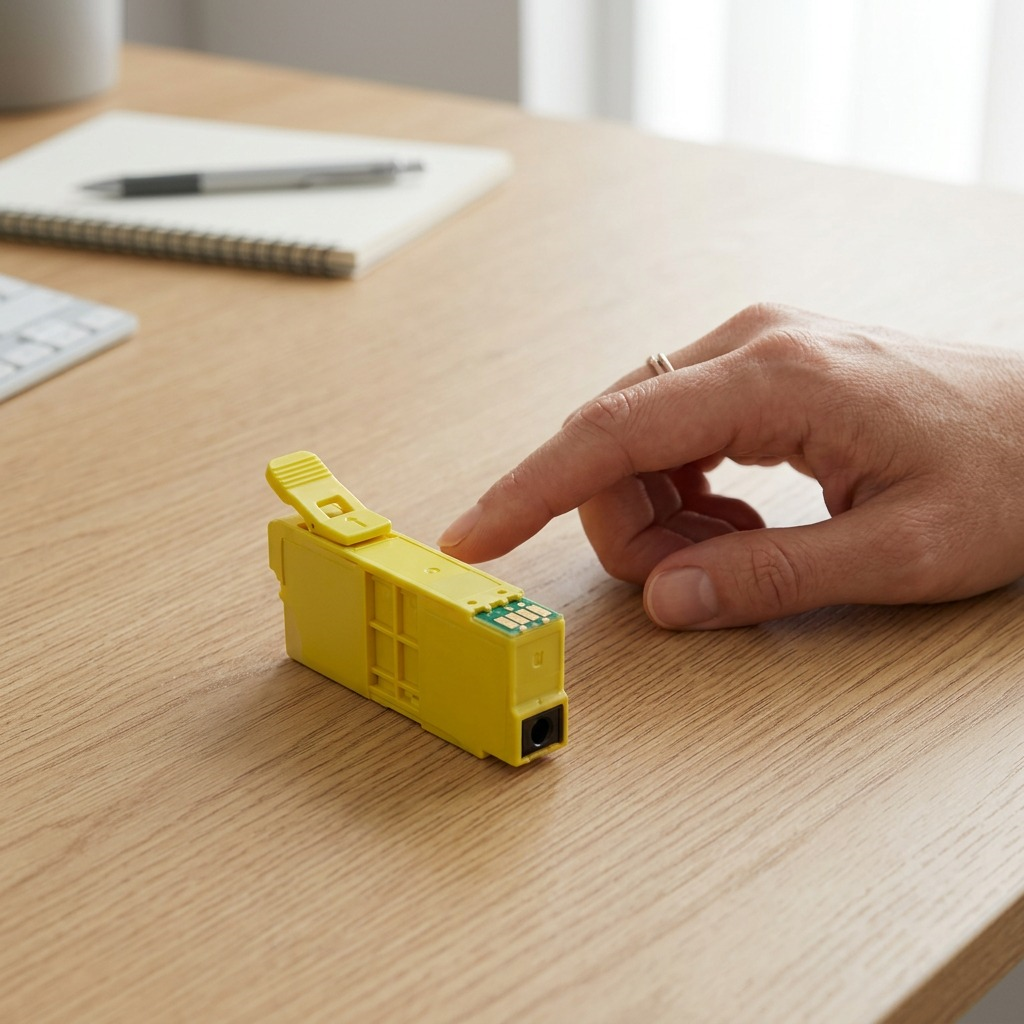 Cartouche Canon CLI-281XL jaune à côté d’une main pour illustrer sa taille.