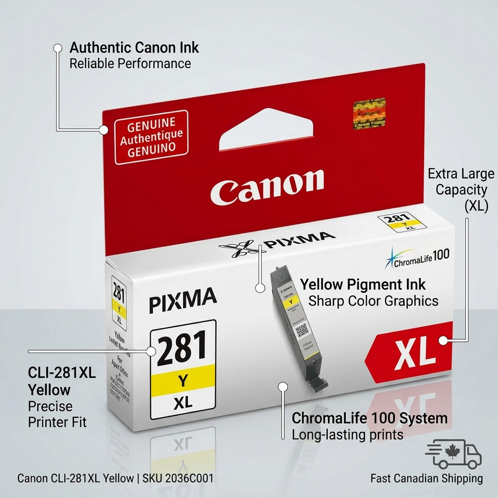 Infographie des principales caractéristiques de la cartouche jaune Canon CLI-281XL.