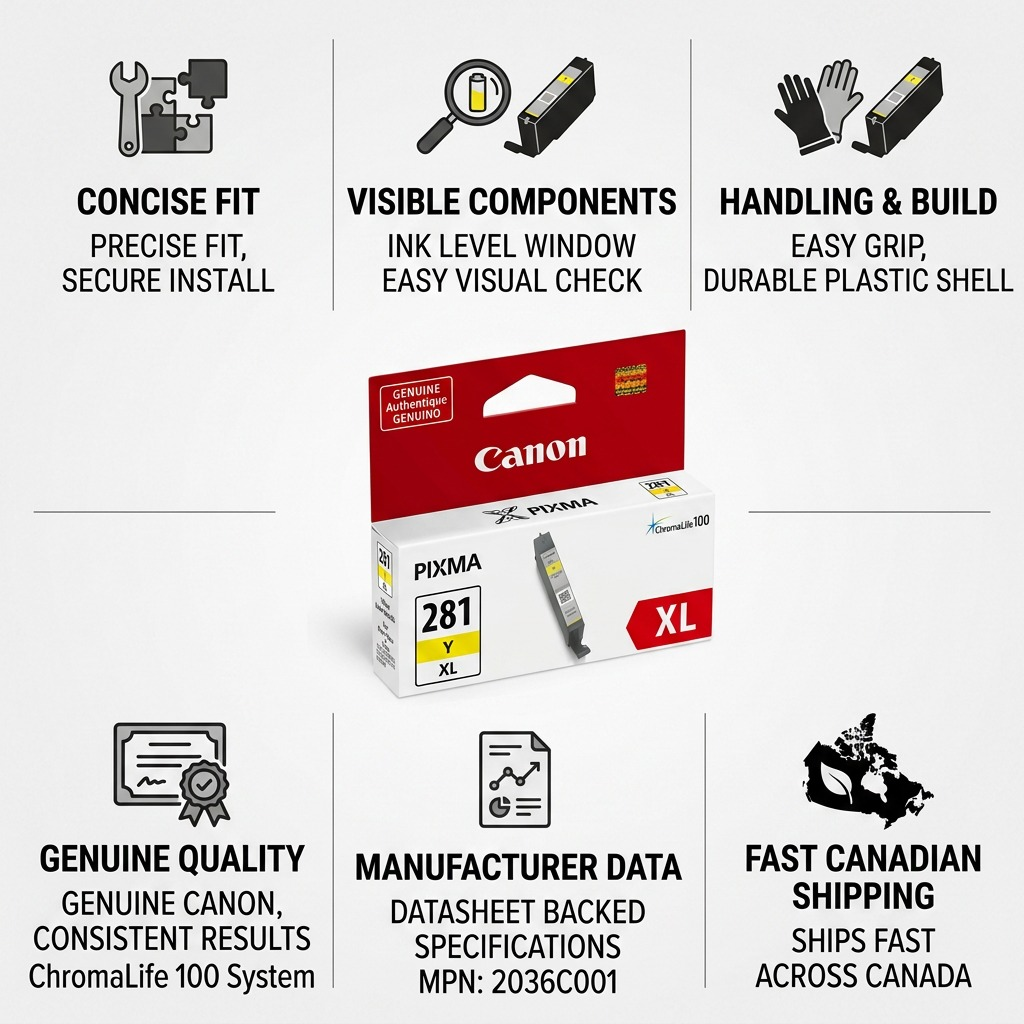 Infographie de la boîte de cartouche Canon CLI-281XL jaune avec six éléments descriptifs.