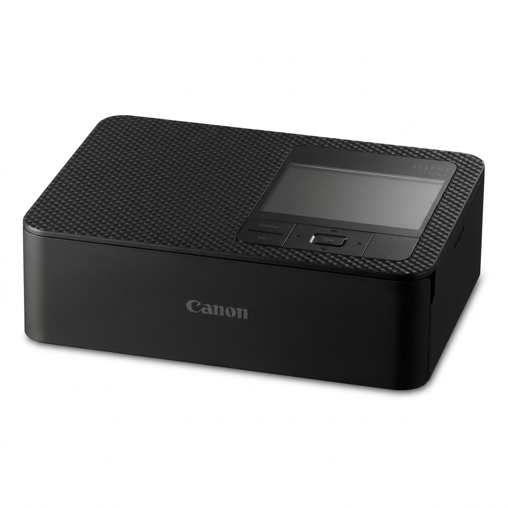 Imprimante photo compacte noire Canon SELPHY CP1500 sur fond blanc.