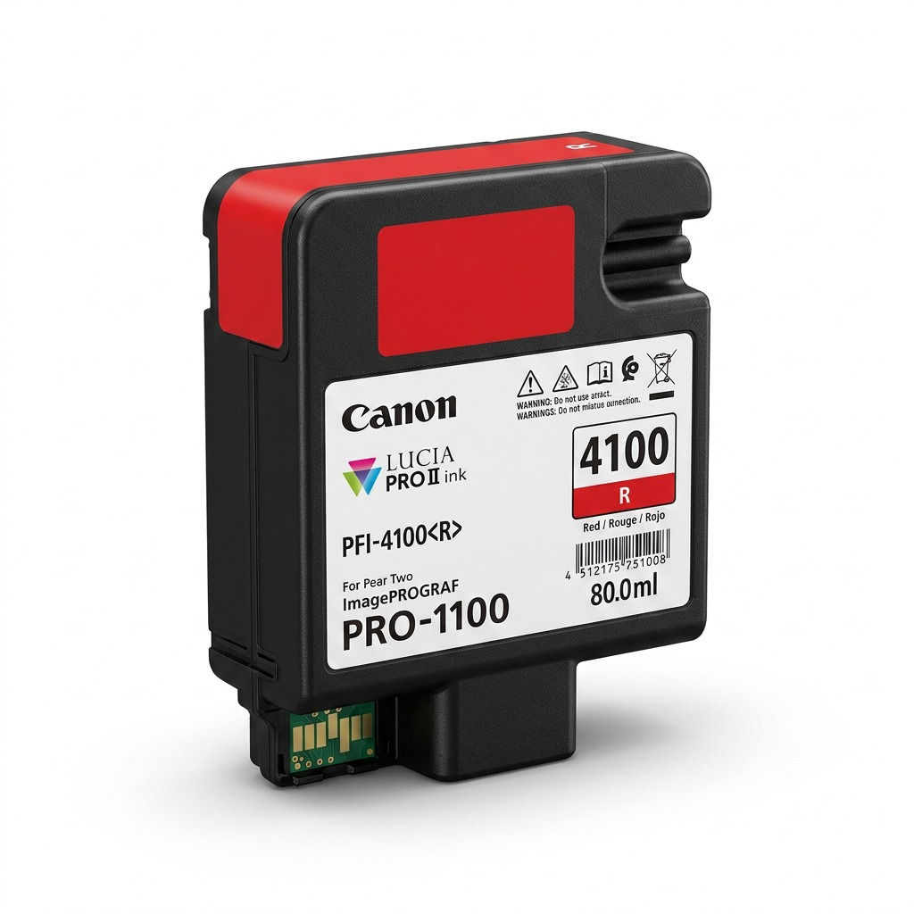 Réservoir d’encre rouge Canon PFI-4100R présenté sur fond blanc.