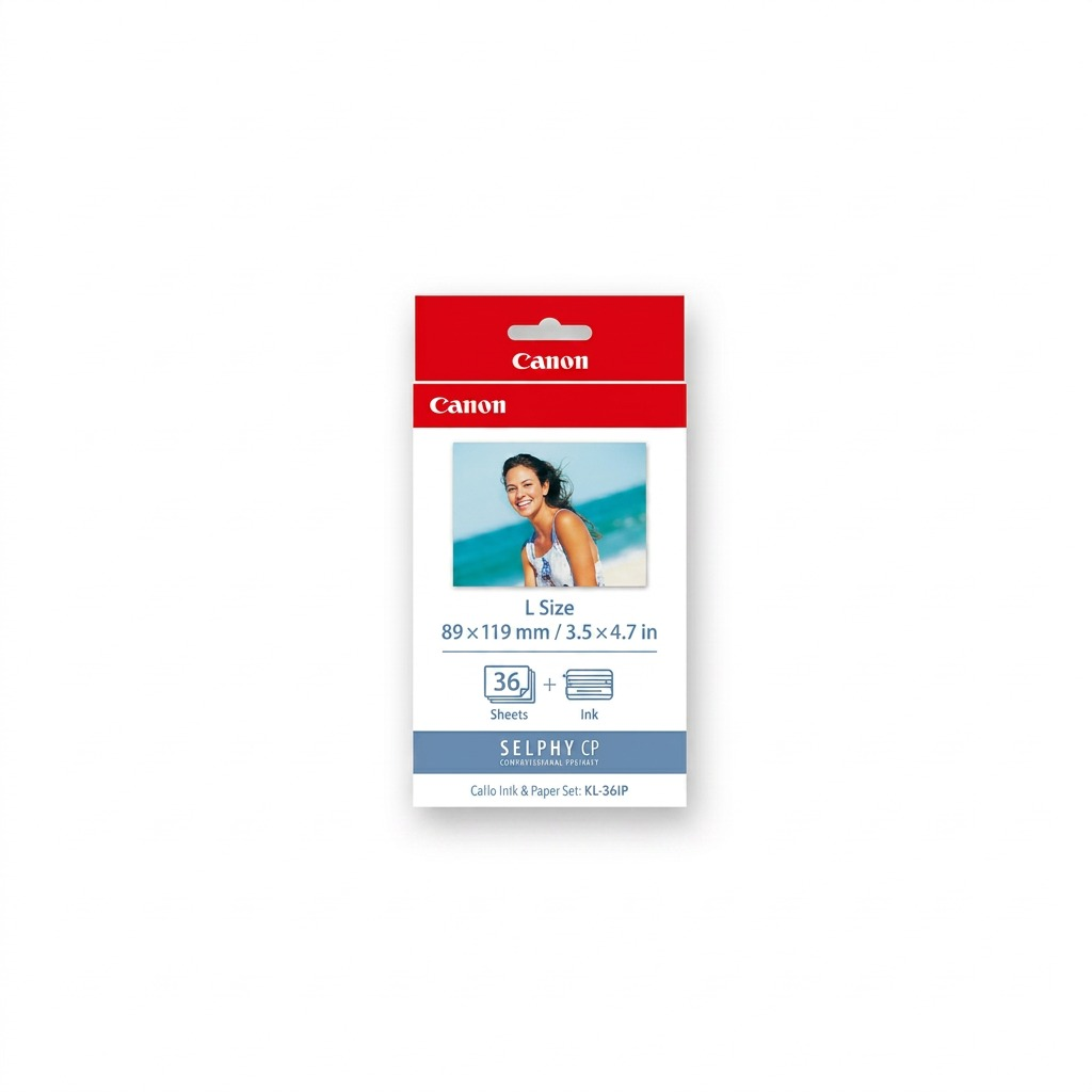 A high-resolution, centered view of the Canon KL-36IP printer ink and paper set packaging on a pure white background.
