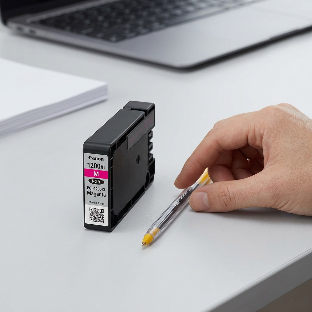 High-resolution hero shot of magenta Canon PGI-1200XL ink tank against a pure white background.