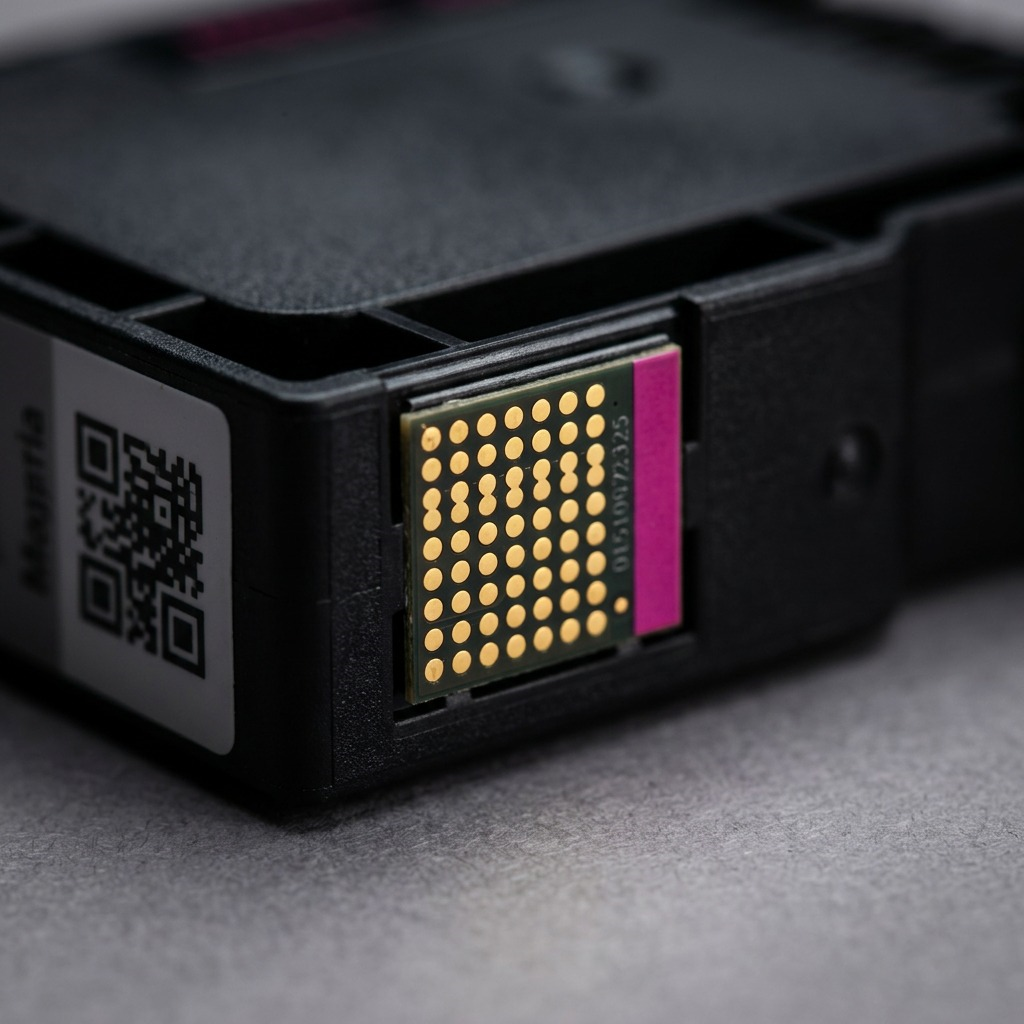 Gros plan sur les contacts dorés et la puce d’un réservoir d’encre magenta Canon PGI-1200XL.
