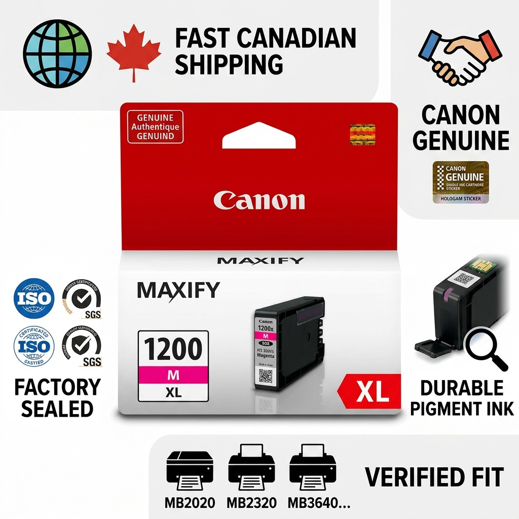 Infographie de la cartouche magenta Canon PGI-1200XL avec emballage et pictogrammes descriptifs.