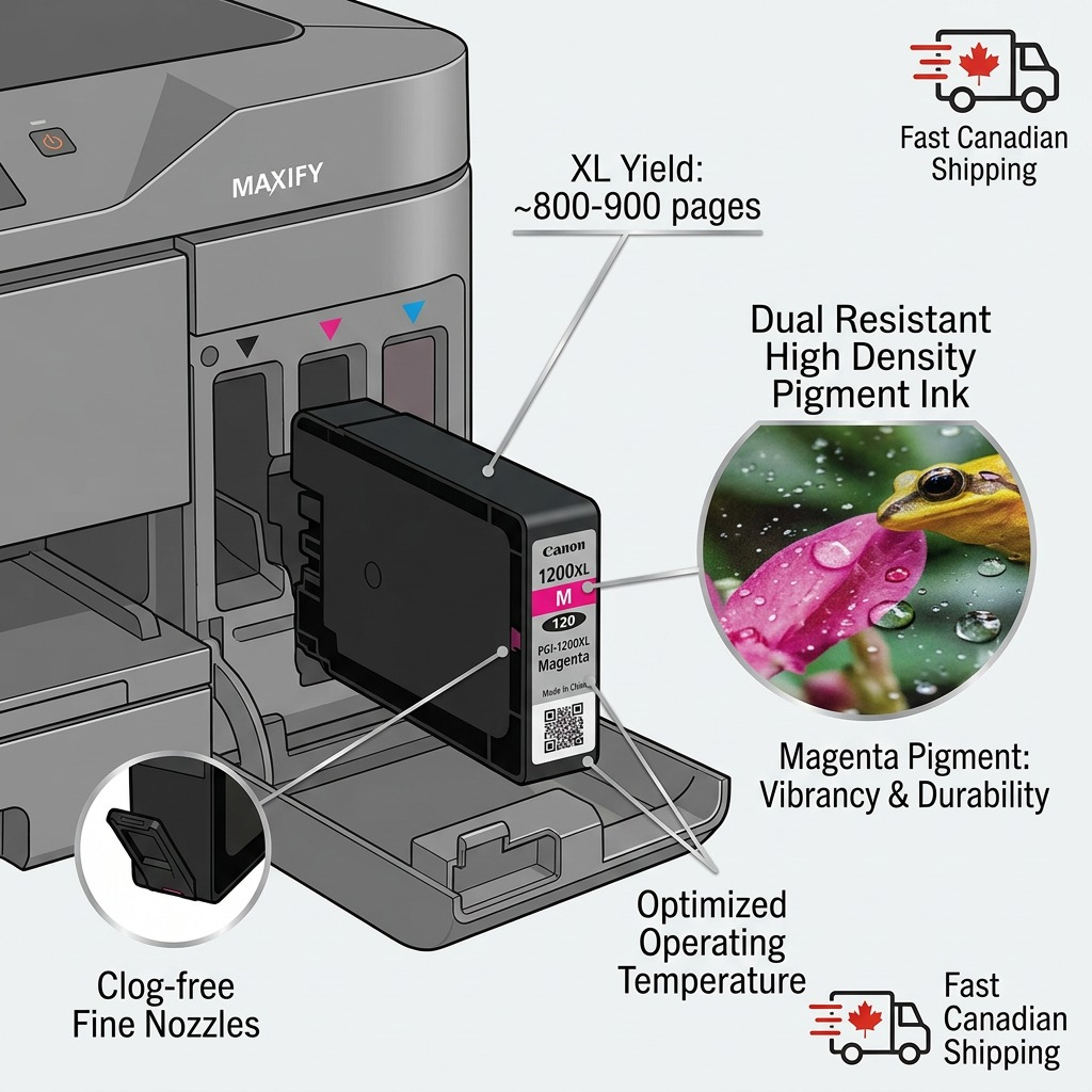 Infographie du réservoir magenta Canon PGI-1200XL avec informations de capacité et d’impression.