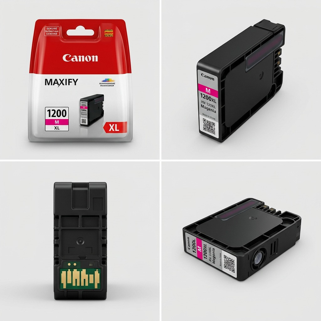 Réservoir d’encre magenta Canon PGI-1200XL présenté sous trois angles.