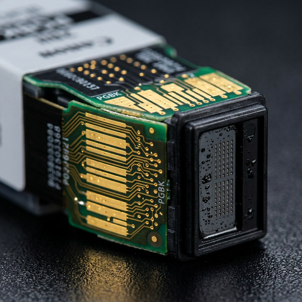 Gros plan sur les contacts et le raccord du réservoir d’encre noire Canon PGI-280.
