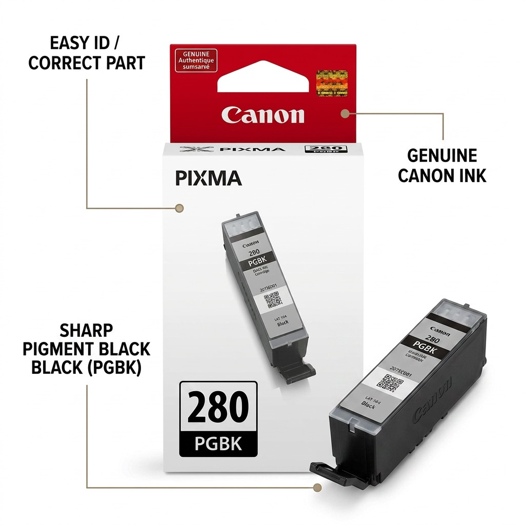 Infographie des caractéristiques du réservoir d’encre noire Canon PGI-280.
