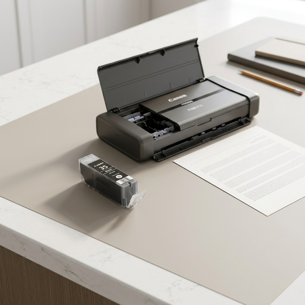 Réservoir d’encre noire Canon PGI-35 près d’une imprimante photo portable PIXMA.