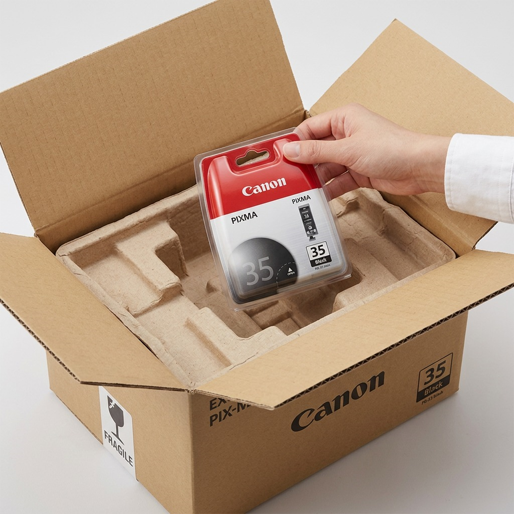 Cartouche Canon PGI-35 sortie d’une boîte d’expédition avec protection.