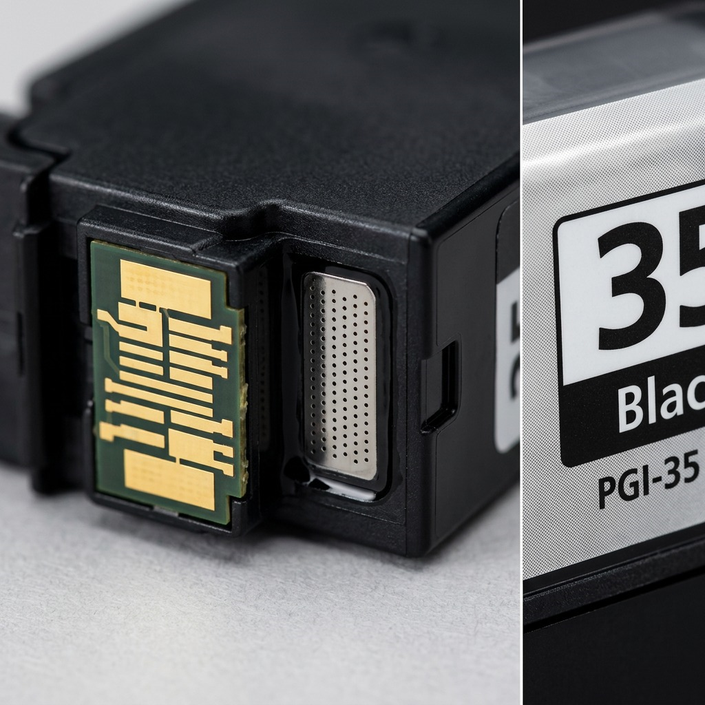 Gros plan sur les contacts et la sortie d’encre du réservoir noir Canon PGI-35.