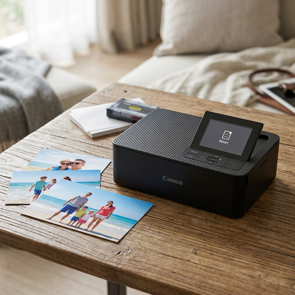 Hero shot of the black Canon SELPHY CP1500 compact photo printer, sharp, centered, on white background.