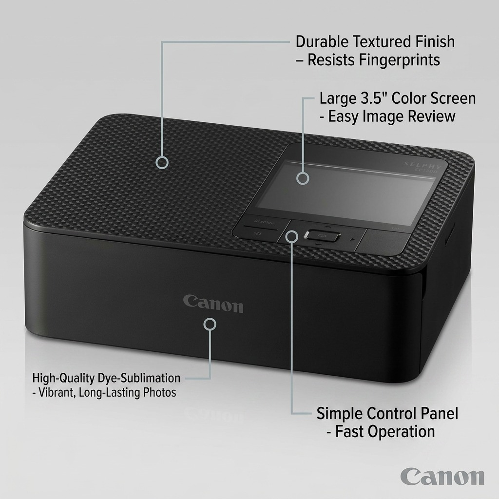 Infographie des commandes et fonctionnalités de l’imprimante Canon SELPHY CP1500 noire.