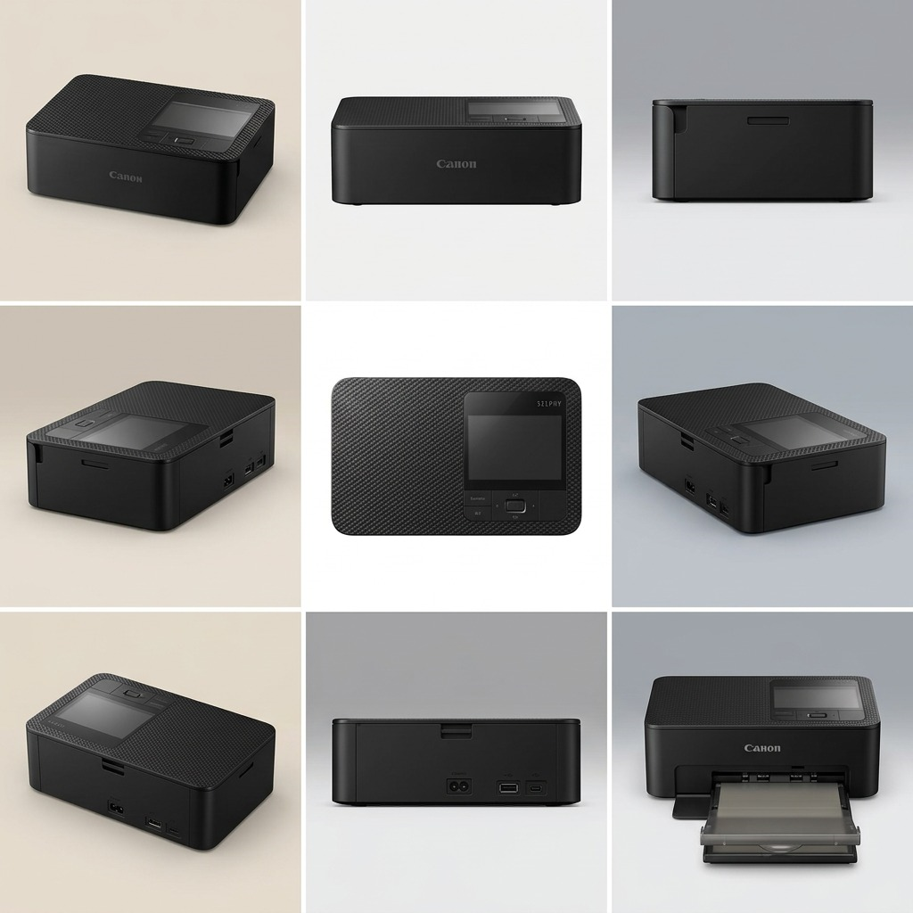 Imprimante Canon SELPHY CP1500 noire présentée sous neuf angles.