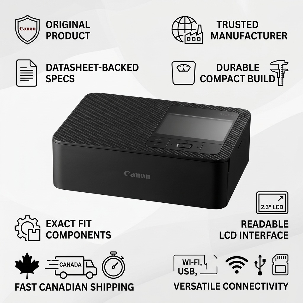 Infographie de l’imprimante photo Canon SELPHY CP1500 et de sa livraison au Canada.