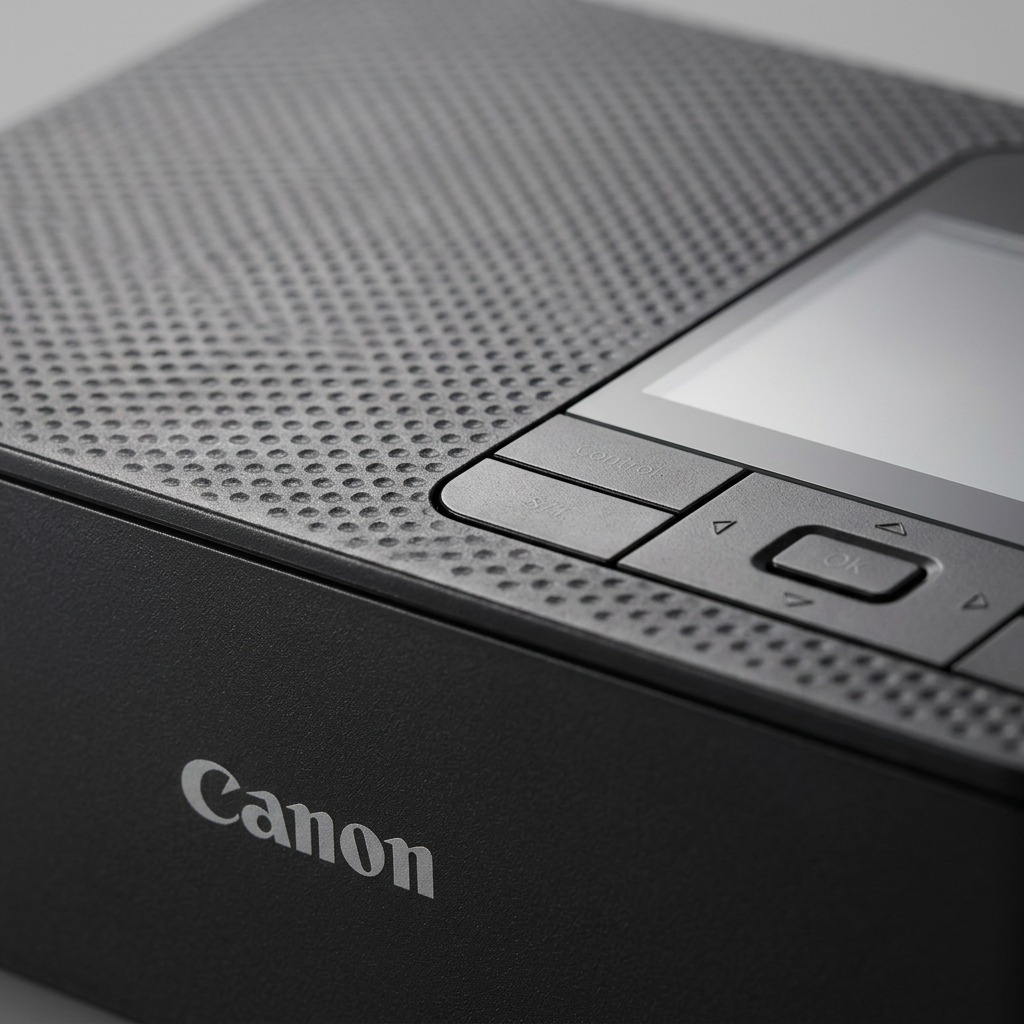 Gros plan sur le boîtier texturé, l’écran et les boutons de la Canon SELPHY CP1500.