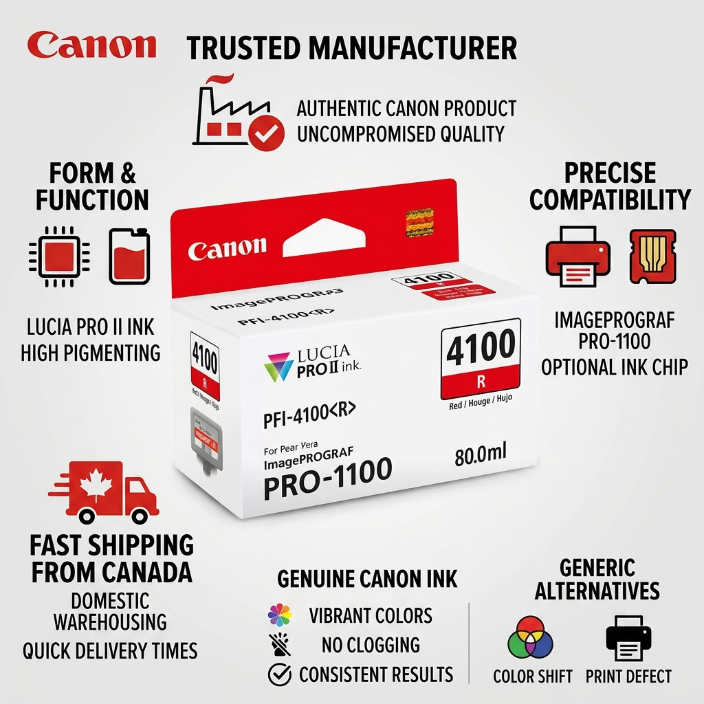 Infographie du réservoir rouge Canon PFI-4100 et des informations de livraison au Canada.