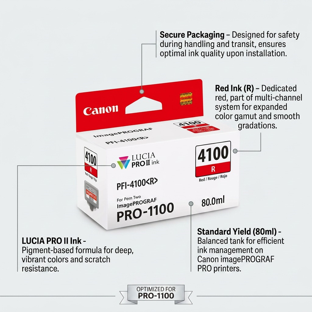 Infographie présentant les caractéristiques du réservoir d’encre rouge Canon PFI-4100.