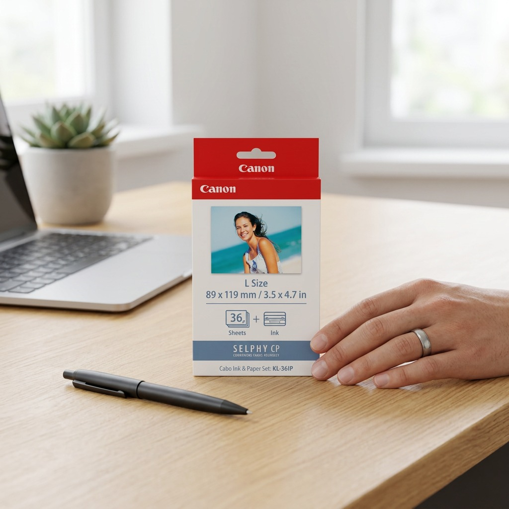 A high-resolution, centered view of the Canon KL-36IP printer ink and paper set packaging on a pure white background.