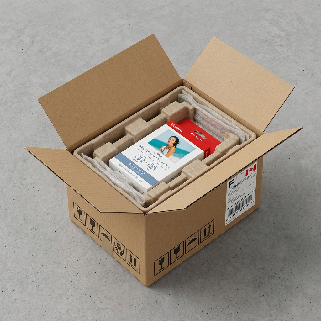 Boîte Canon KL-36IP dans un colis de transport protecteur partiellement ouvert.