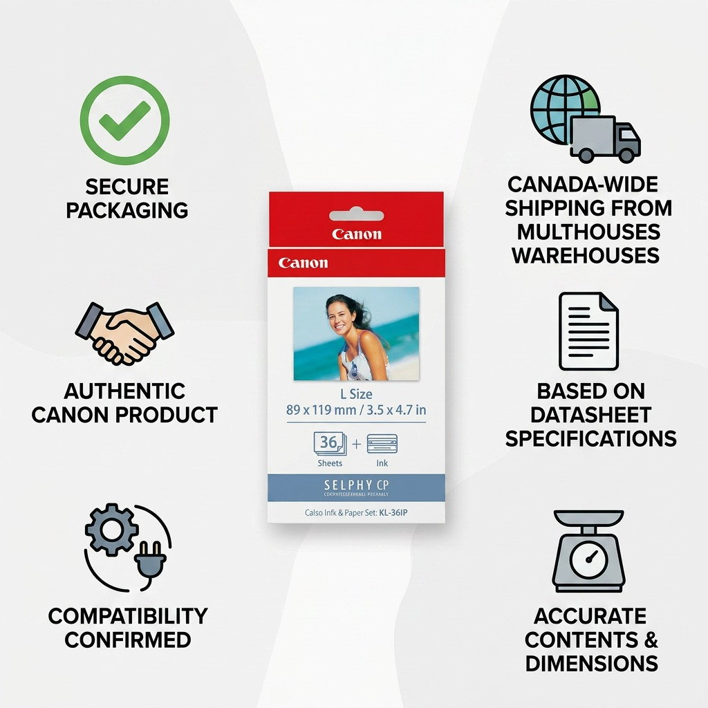 Infographie de l’ensemble Canon KL-36IP montrant les renseignements sur le produit et la livraison.