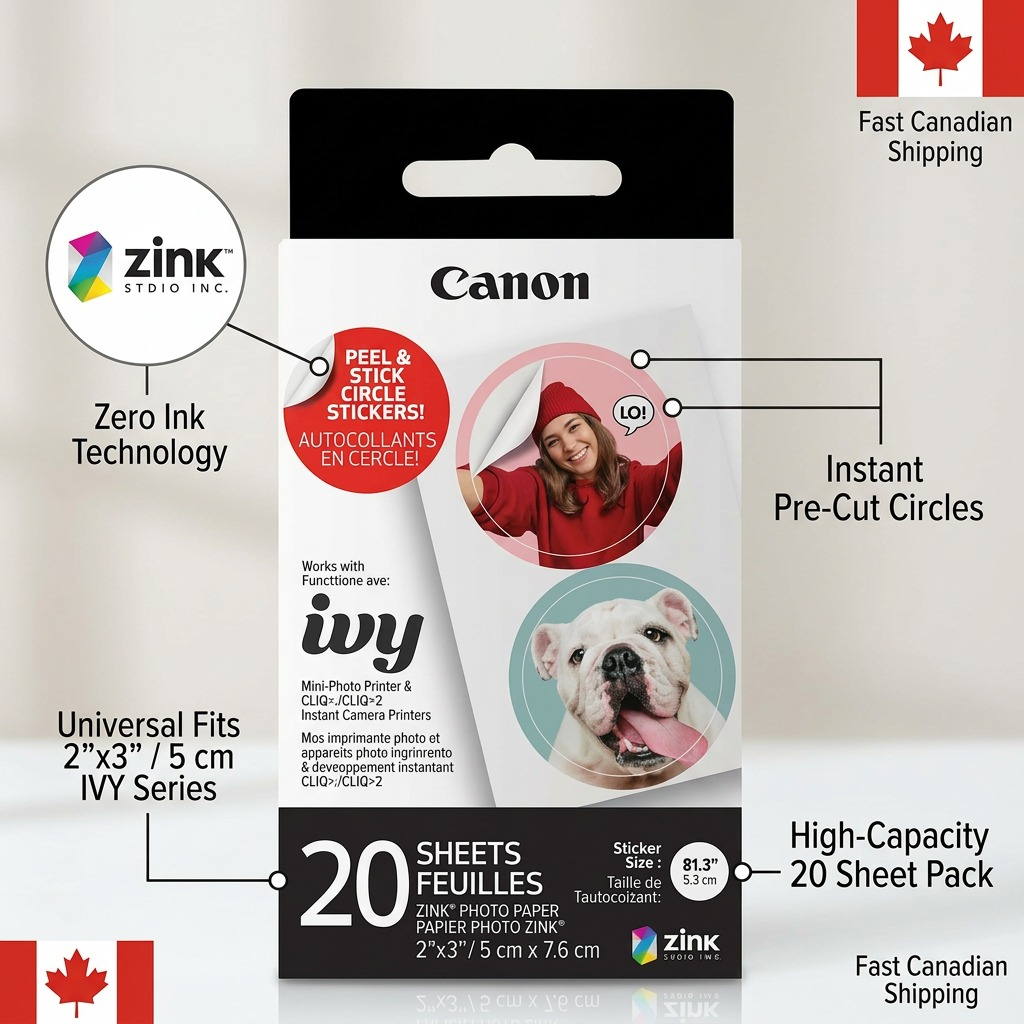 Infographie des autocollants photo prédécoupés Canon ZINK et de leur présentation.