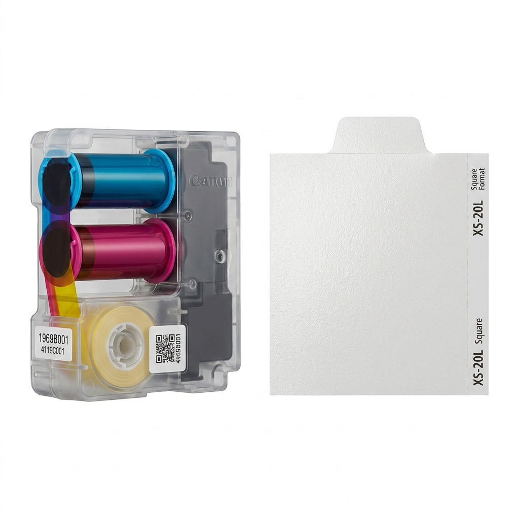 Ensemble encre et étiquettes Canon SELPHY XS-20L avec ruban et feuilles sur fond blanc.