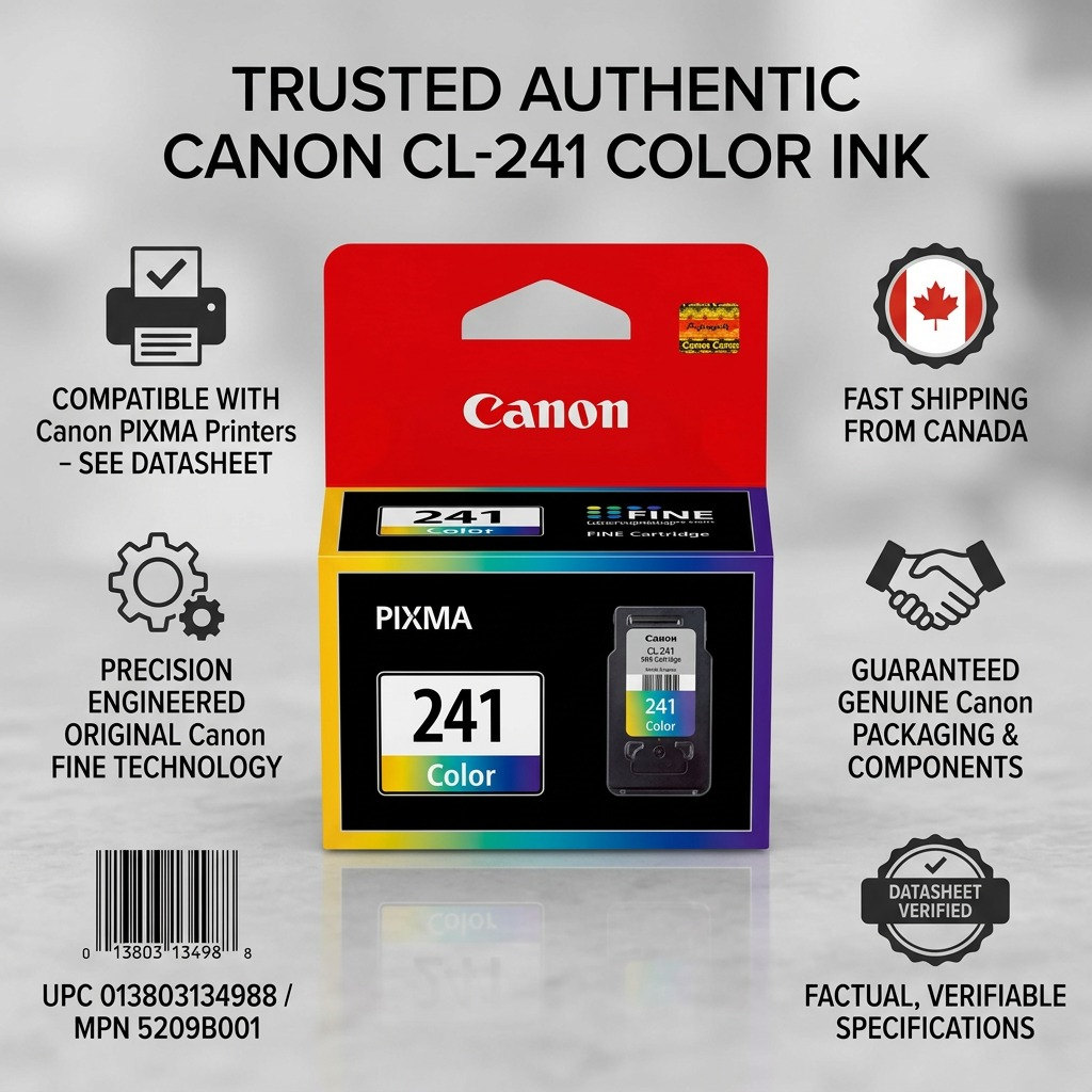 Infographie de la cartouche Canon CL-241 présentant ses caractéristiques et sa compatibilité.