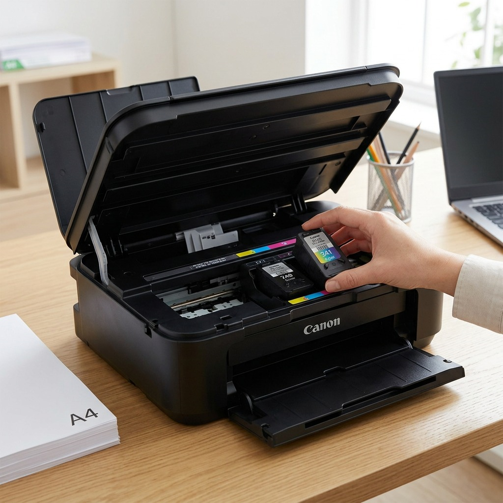 Présentation de la cartouche couleur Canon CL-241 dans le logement d’une imprimante.